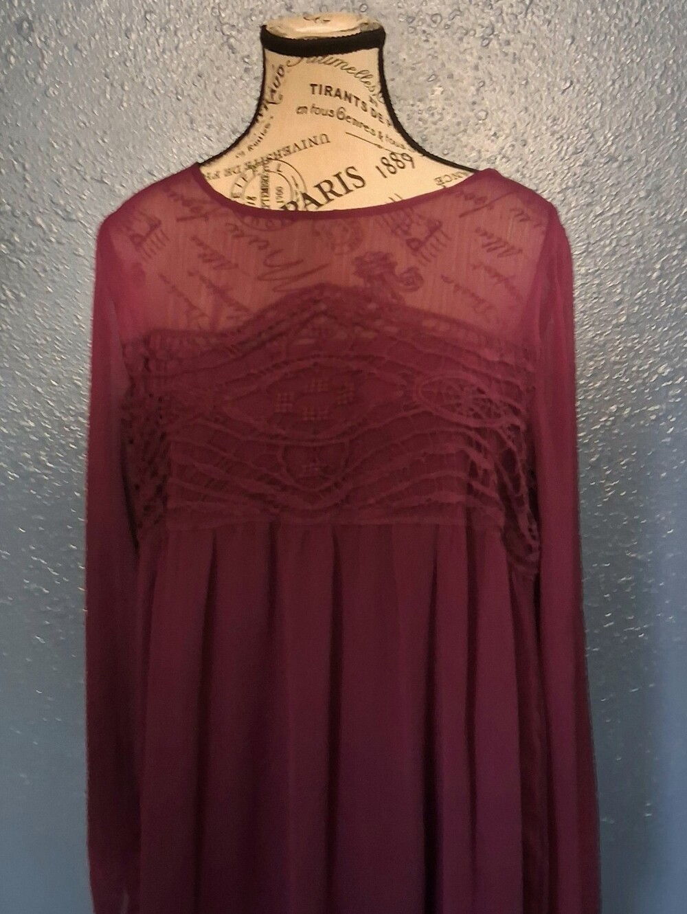 Xhiliration Womens Sheer Yoke Crochet Detail Long Sleeve Dress - Plum XL